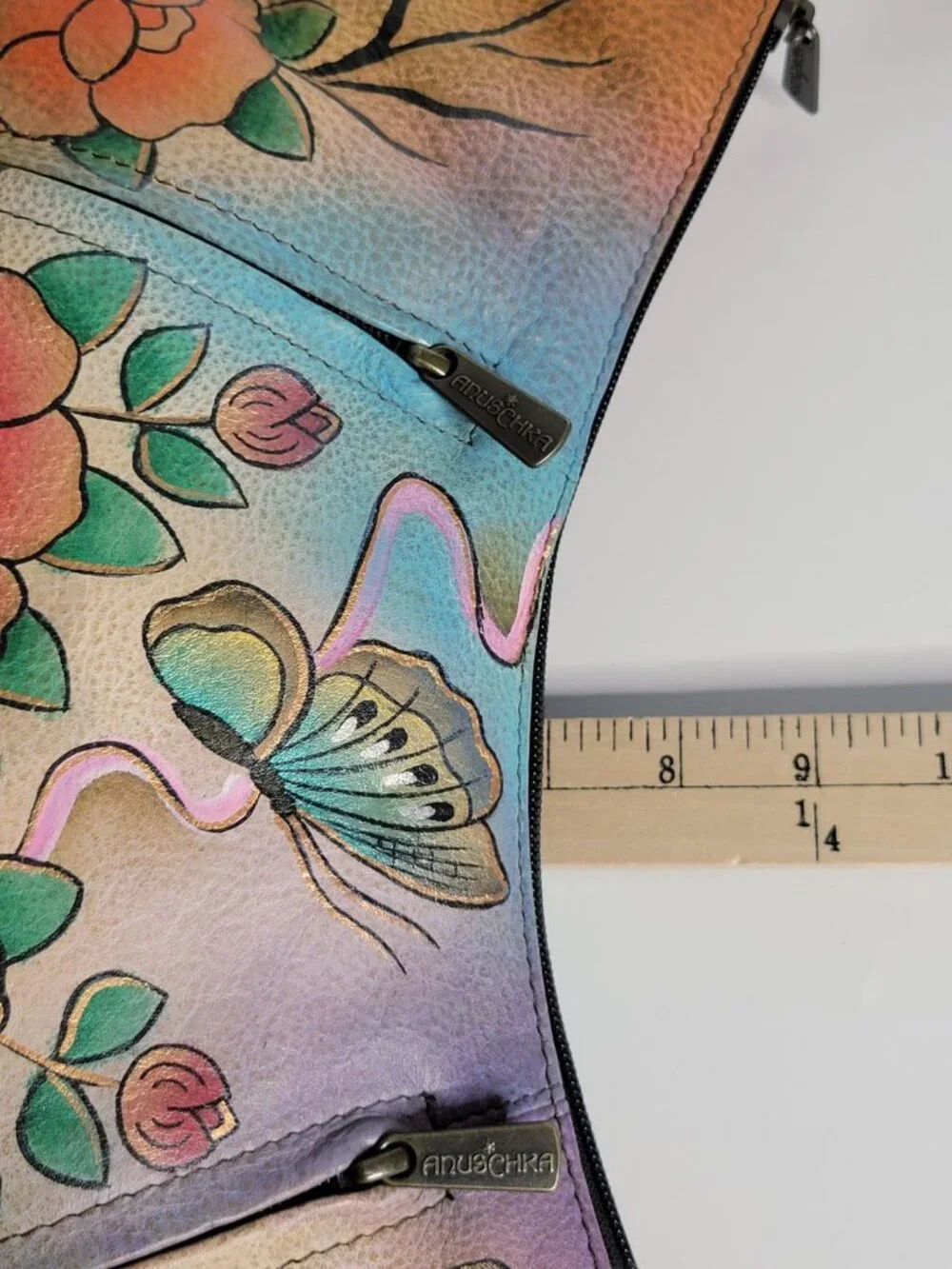 ANUSCHKA Painted Genuine Leather Hobo Shoulder Bag Tan Flowers Butterflies Purse